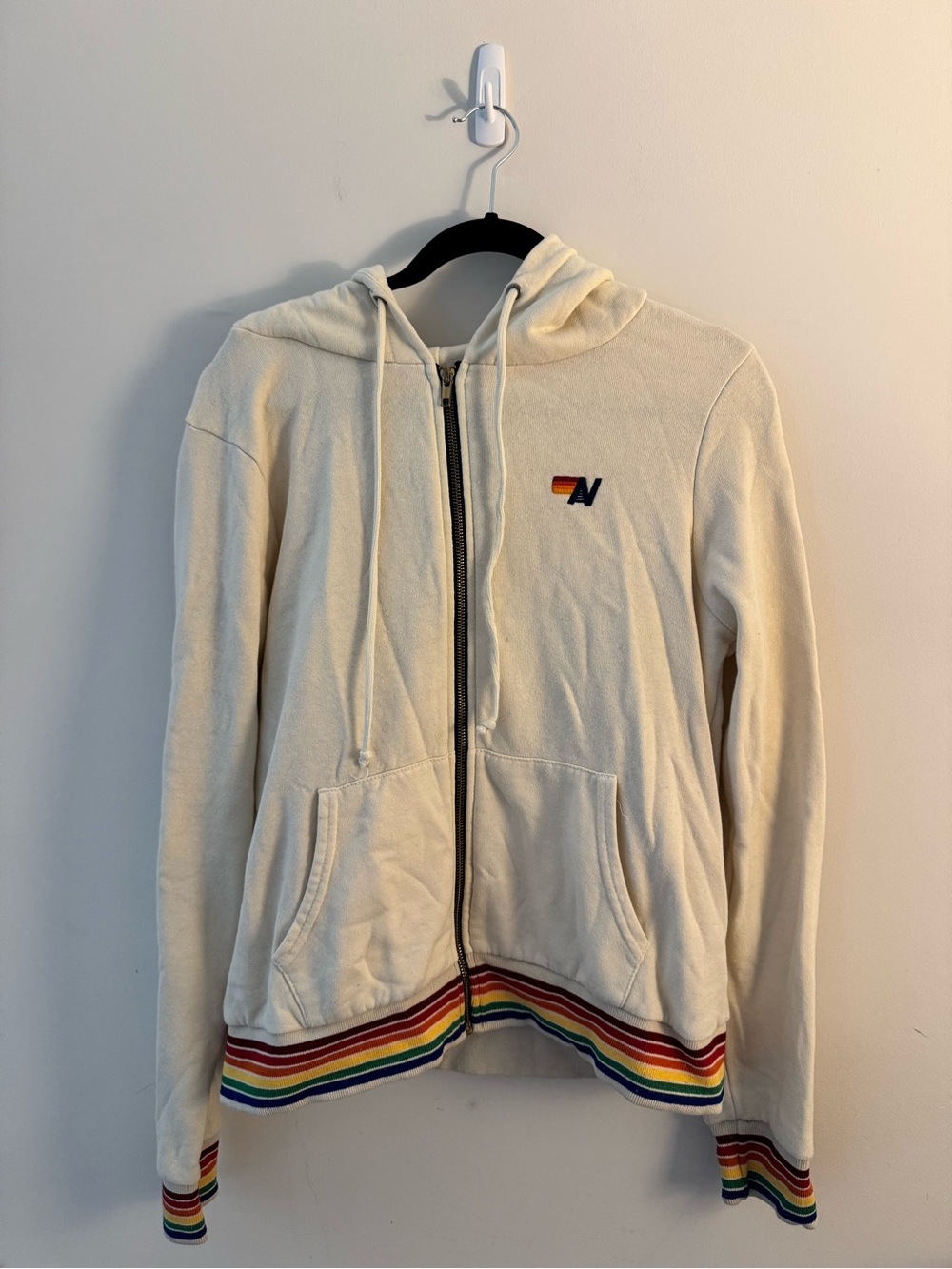 Aviator Nation Cream Zip Hoodie with Rainbow Trim